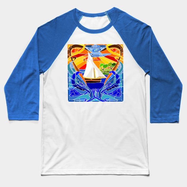 Mosaic Sailboat Art Baseball T-Shirt by AlondraHanley
